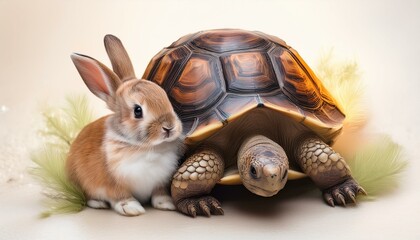 身を寄せ合い温め合うカメとウサギ、キュートなアクセント、キュートに仕上げた背景画像　 Generated by AI