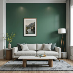 This is a modern and sophisticated living room with a rich emerald green accent wall that adds depth and elegance to the space.
