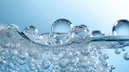 Oxygen bubbles in clear blue water, close-up. Mineral water. Water enriched with oxygen
