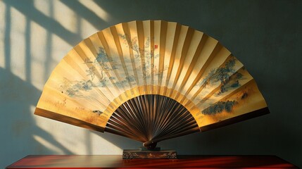 Elegant Painted Fan Displaying Exquisite Artistry and Craftsmanship with Intricate Designs Against a Soft Background of Warm Lighting and Shadows