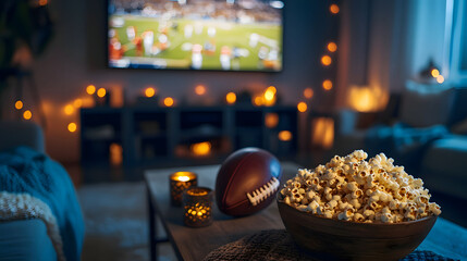 Cozy living room setup for an exciting football game night with snacks