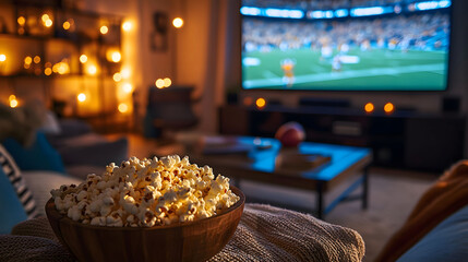 Cozy living room with popcorn ready for game night