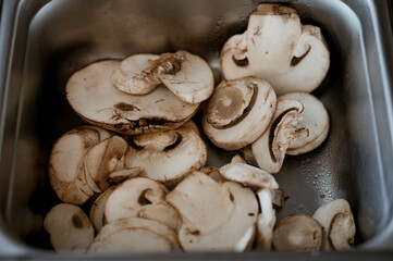 Mushrooms in salad bar tray