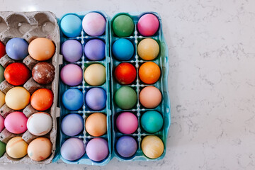 Dyed Easter Eggs in Egg Carton on Counter