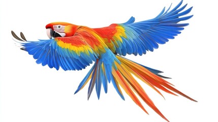 Obraz premium Vibrant Parrot Soaring Through the Air with a Crisp White Backdrop