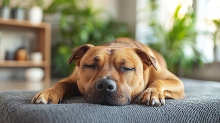 Fototapeta premium A peaceful dog sleeping on a cozy bed in a modern living room filled with plants.
