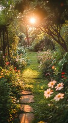 Fototapeta premium A quiet garden with blooming flowers and lush greenery, soft sunlight filtering through