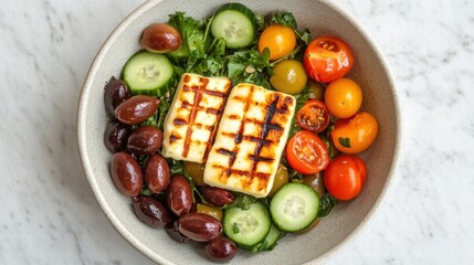 Healthy Mediterranean Salad with Grilled Ingredients Top View Presentation Fresh Ingredients Culinary Art