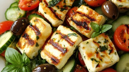 Healthy Mediterranean Salad with Grilled Cheese Top View Fresh Ingredients Vibrant Colors Culinary Delight