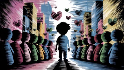 Social Anxiety Metaphor with Floating Hearts, Boy Alone in Crowd in Colorful Cityscape, Chaotic Urban Scene Reflecting Social Struggles
