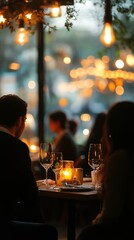 A restaurant with an elegant blurred background, featuring softly glowing lights and blurred silhouettes of diners