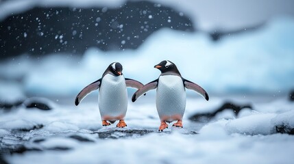Obraz premium Two Penguins Walking Together in a Snowy Antarctic Landscape with Falling Snowflakes