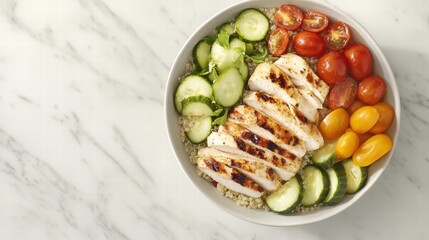 Healthy Quinoa Salad Bowl with Grilled Chicken Kitchen Counter Food Photography Bright Fresh Healthy Eating
