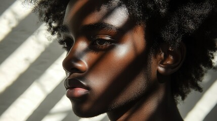 Close-up portrait of a young Black woman's face, partially shadowed by light and dark stripes.