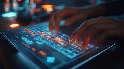 Naklejka premium Futuristic Typing: Hands on a Glowing Digital Keyboard