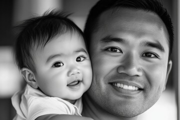 Smiling father holds baby closely, capturing joyful bond in warm