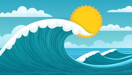 Big ocean wave. Summer landscape with sun and cloud. Vector illustration in flat style. Generated image