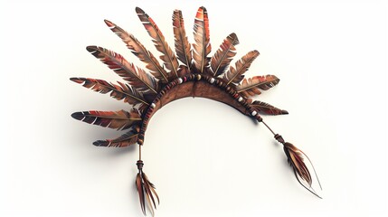 A realistic image of a tribal headpiece made with feathers and beads, captured against white.
