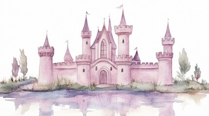 Obraz premium Enchanting Watercolor Pink Castle on White Background