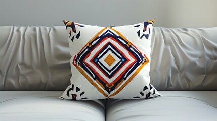 A realistic image of a tribal-inspired cushion cover with symmetrical patterns and bright colors on white.
