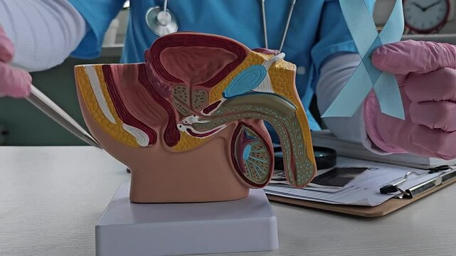 Blue November, prostate cancer awareness month doctor with blue ribbon in hospital to support people life and illness