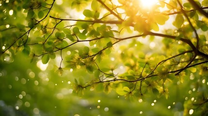 Obraz premium Sunlight Illuminates Vibrant Green Leaves and Blossoms