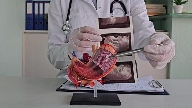 Doctor examines stomach model and ultrasound image. Stomach ulcers, intestinal cysts and oncology and examination