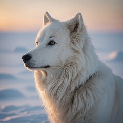 Obraz premium An Arctic dog with glowing fur, illuminated softly, white background.