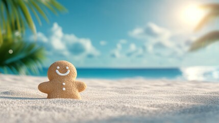 Gingerbread Man Enjoying a Christmas Beach Vacation on a Tropical Paradise