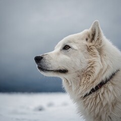 Obraz premium An Arctic dog looking up at an imaginary bird, white background.