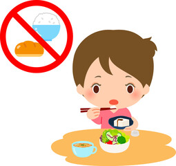 ご飯やパンを抜いた食事をする女性