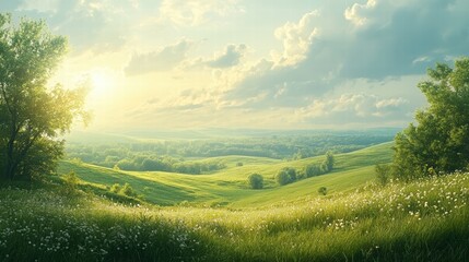 Fototapeta premium A serene countryside scene with a cloudy sky and patchy sunlight illuminating the landscape, with soft hills and scattered trees