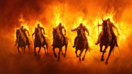Fototapeta premium Apocalyptic Four Horsemen Amidst Blazing Flames