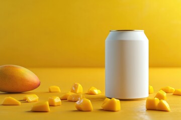 Bright yellow background highlights blank can surrounded by mang