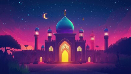 Nighttime Mosque: Vibrant Silhouette, Starry Sky, Artistic Design