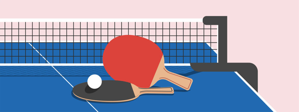 Table tennis background with paddles, ball, net and ping pong table. Trendy vector concept of ping pong with copy space. Design template for competition ads, tournament announcement.