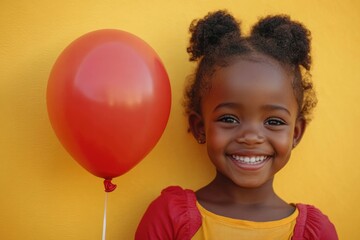 Bright yellow background highlights joyful girl with red balloon