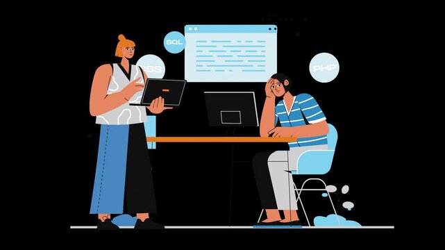 A female developer assisting a male colleague struggling with coding at a table, featuring a modern digital workspace.