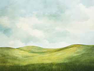 Obraz premium minimalistic landscape with rolling hills and meadows painted in vibrant absinthe tones under a soft, cloudy sky