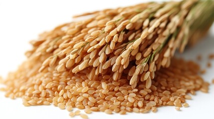 Paddy rice stalks and grains on white background.