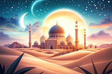 Islamic Celebration Scene Featuring a Fairy-Tale Mosque and Desert Landscape for Ramadan, Eid al-Fitr, or Hari Raya
