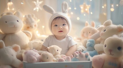 Adorable Baby in Bunny Hat with Stuffed Animals