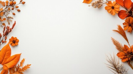 Autumn Dried Flowers on White Background Top View Mockup Frame with Copy Space