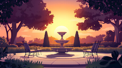 The view of the sunset fountain is very beautiful with orange color
