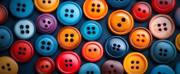 Fototapeta premium Colorful sewing buttons close-up. Many various colors and sizes. Top view. Flat lay.