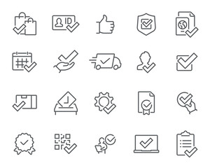 Delivery Essentials Icons. Editable vector icon set- shopping bag, ID, like, calendar, shield, delivery, certificate.
