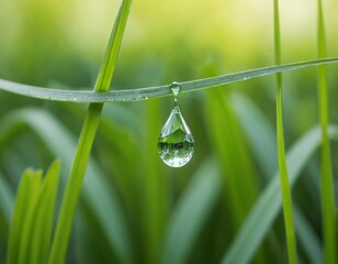 A Single Dewdrop Hanging from a Blade of Grass in a Lush Green Meadow