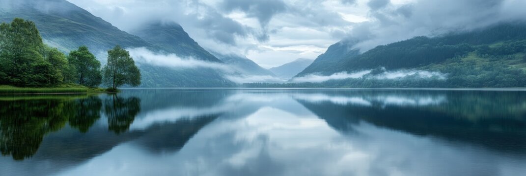 A tranquil lakeside landscape with a cloudy sky, the soft reflection of clouds on the water's surface and lush green surroundings