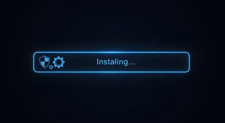 Digital installation concept featuring futuristic loading bar and glowing interface emphasizing software setup in secure cyber environment