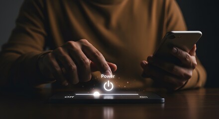 Power control slider. Interactive on-off slider interface for modern power management, futuristic digital visualization emphasizing efficient functionality and sustainable control